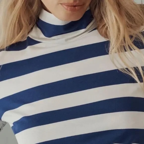 NWT Anthropologie Maeve Turtleneck Sequin Baby Tee-Navy Blue White Stripe Sz S - Picture 7 of 13